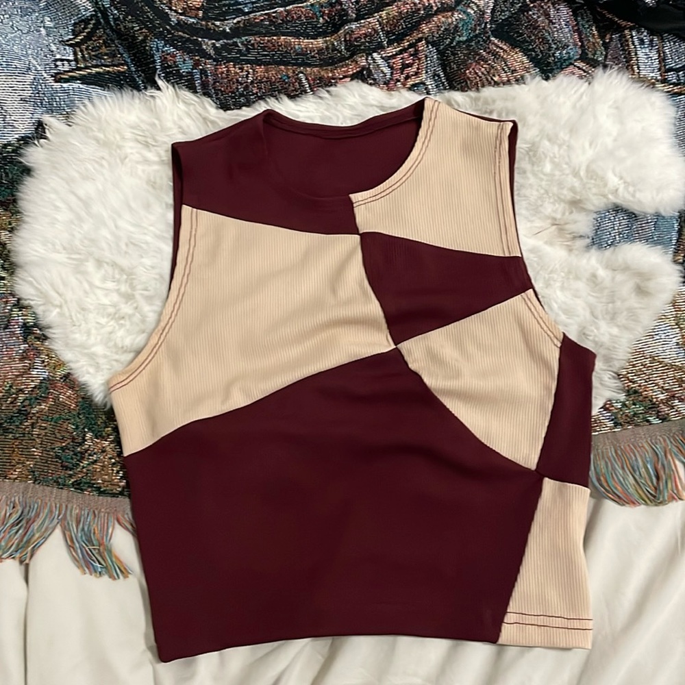 Burgundy Color Block Cropped Tank Top